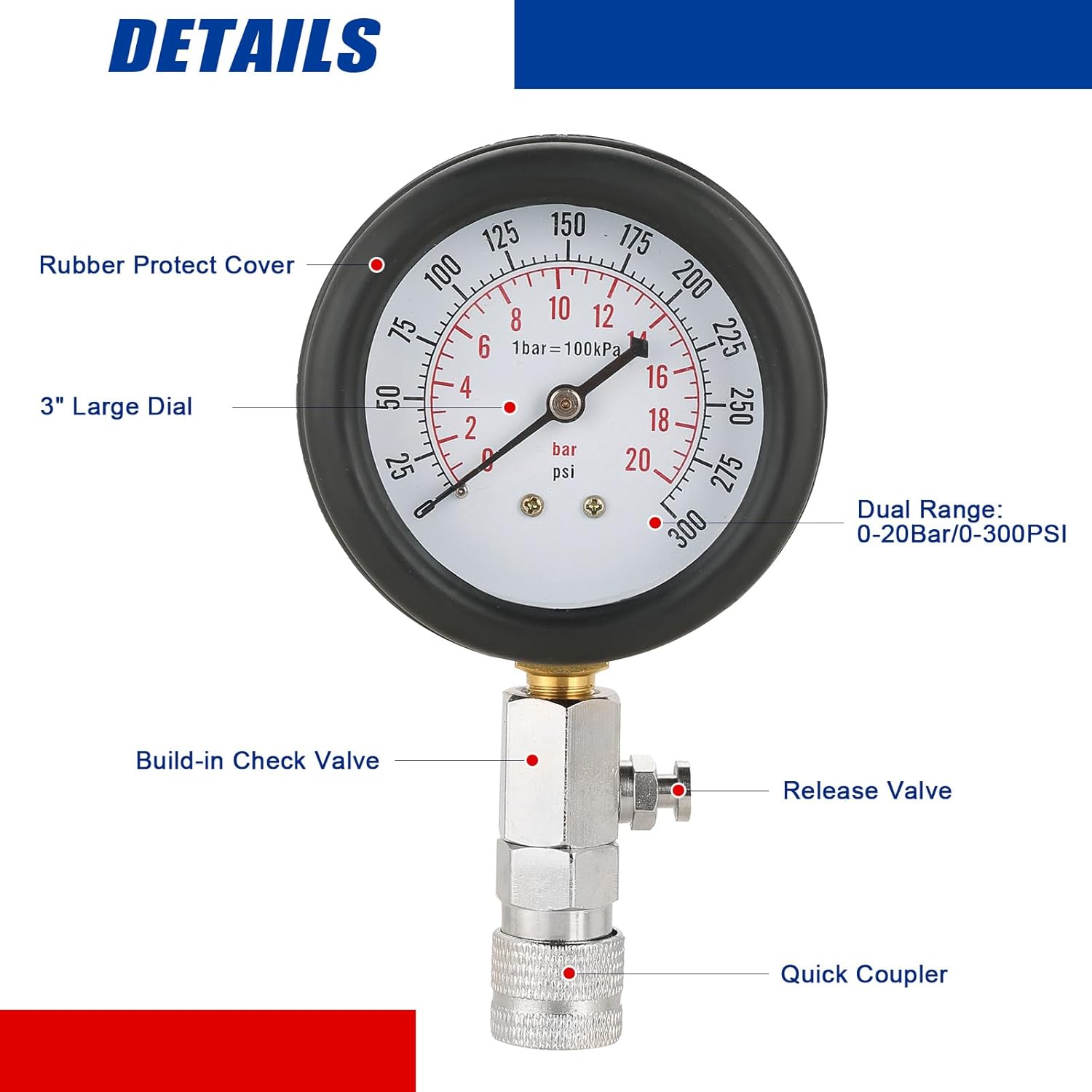 Compression Tester Automotive Tool Petrol, Gas Engine Compression Gauge Compression Tester Kit, Professional Engine Cylinder Compression Tester Kit (Blue)